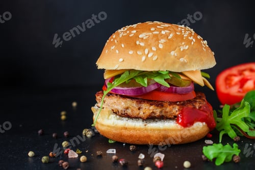 Preview: Burger, Meat Cutlet Beef Steak, Tomato, Sauce And Lettuce Tasty Meat Snack Sandwich Menu Concept