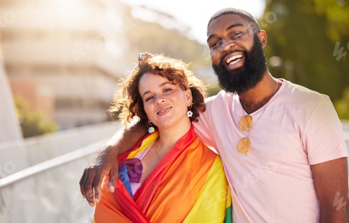 Preview: Happy couple, friends and portrait smile for gay, bisexual or LGBTQ pride with rainbow flag in a ci