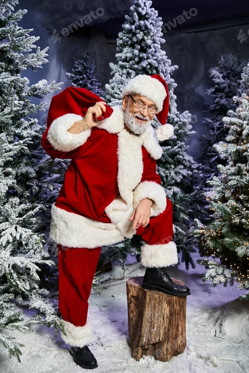 Preview: Santa Claus joyfully poses in a winter wonderland surrounded by snow covered trees