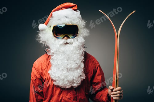 Preview: portrait of santa claus in ski mask and windbreaker standing with skis isolated on grey background