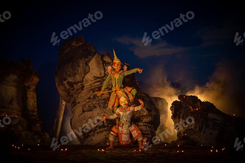 Preview: Khon is art culture Thailand Dancing in masked Tos-sa-kan and Hanuman are fighting in literature Ram