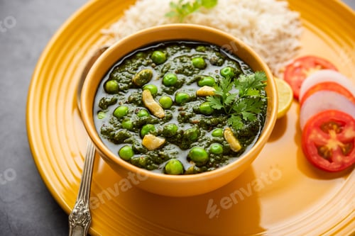 Preview: palak matar curry also known as spinach geen peas masala sabzi or sabji, indian food