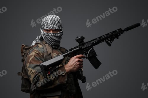 Preview: Middle eastern militant, camouflage uniform on gray background