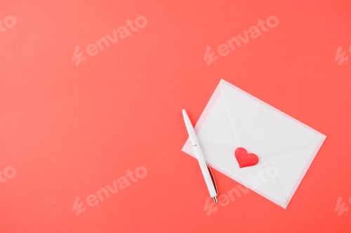 Preview: valentines day letter and envelope on red background