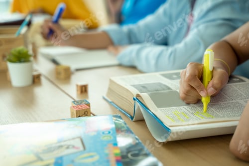 Preview: Black girl are taking test in elementary classroom school with diverse.
