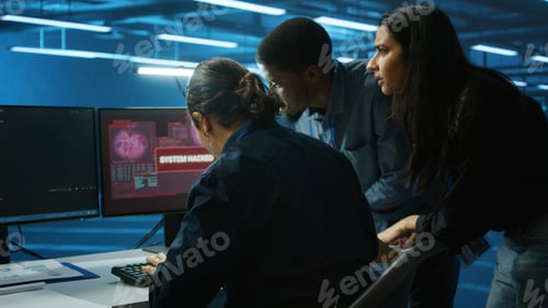 Preview: Multiethnic programmer team in server farm workspace surprised by hacking attack