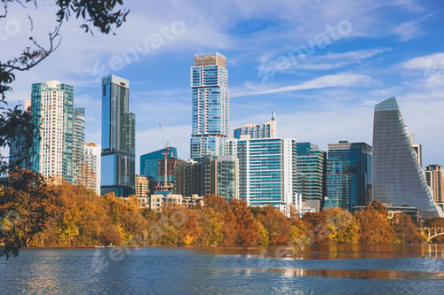 Preview: Austin skyline with fall foliage and Lady Bird Lake.