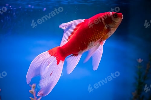 Preview: Big red fish Carassius auratus swim in blue water in the aquarium. Underwater, soft focus