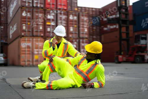 Preview: Blue collar worker is take care injury co worker at container warehouse.