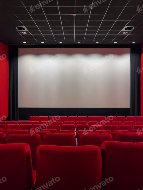 Preview: Cinema Screen And Red Seats. Empty Screening Theater