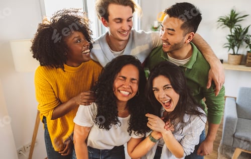 Preview: group of multiracial friends having fun indoor selfie - young millennial students