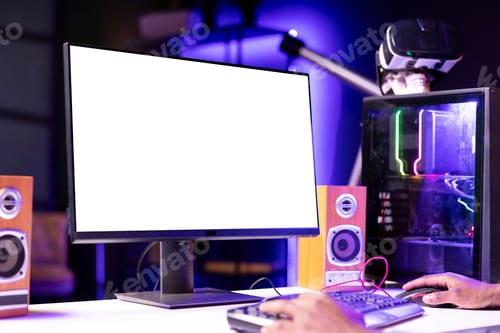 Preview: Gamer playing videogame on gaming PC isolated screen monitor