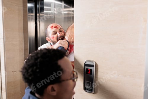 Preview: Zombie in office building chomping on victim flesh during virus outbreak