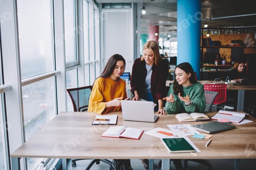 Preview: Cheerful female colleagues working on laptop together in cafe