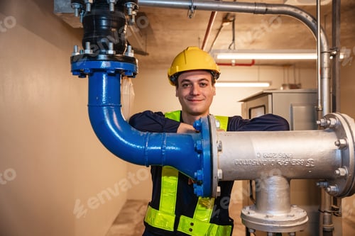 Preview: Portrait of Engineers inspecting the inside plumbing and water valves of an industrial facility.