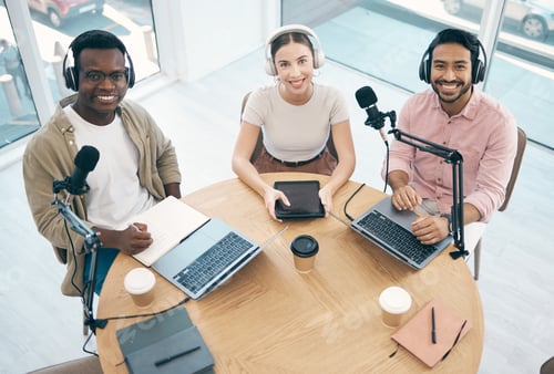 Preview: Communication group, podcast portrait and happy people, speaker or presenter for talk show. Radio v