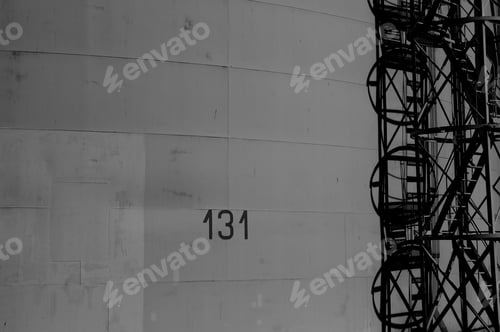 Preview: Closeup shot of a factory wall with mark 131 and external metal staircase