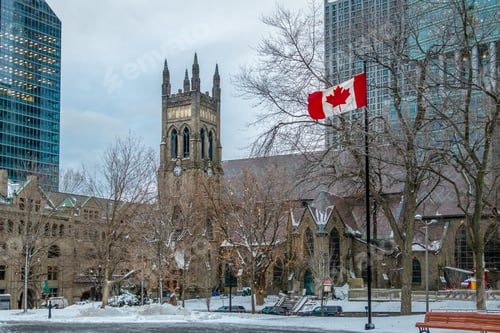 Preview: St. George's Anglican Church at Canada Square with flag - Montreal, Quebec, Canada