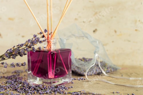 Preview: Scented lavender diffuser relaxing a cozy indoor space in soft lighting