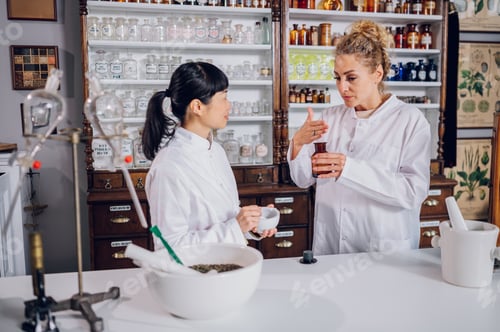 Preview: A Japanese chemist is mixing cure ingredients in a mortar while her assistant is smelling.