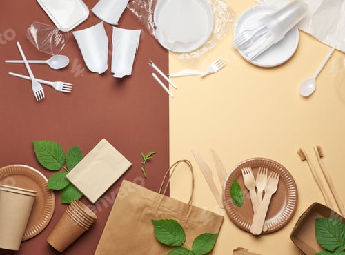 Preview: Non-degradable plastic waste from disposable tableware and a set of dishes