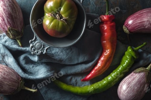 Preview: Chili, eggplant and tomato on the table