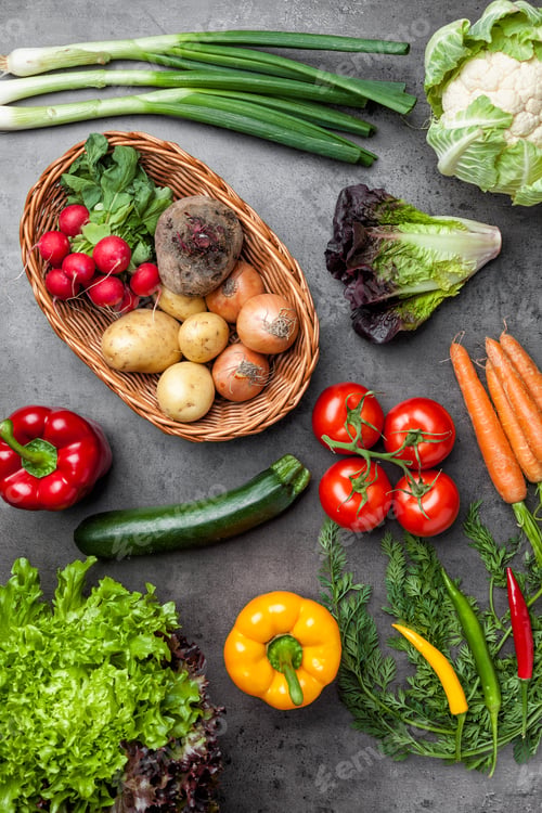 Preview: Fresh organic vegetables on rustic background