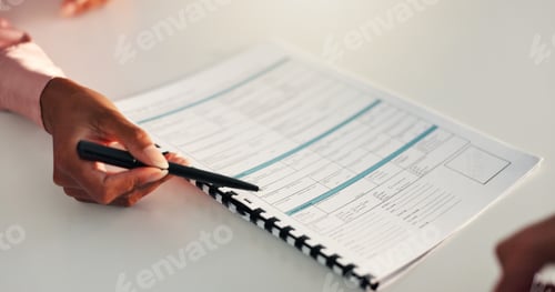 Preview: Woman, hand and paperwork for signature in office, professional contract and lawyer for advice. Pol