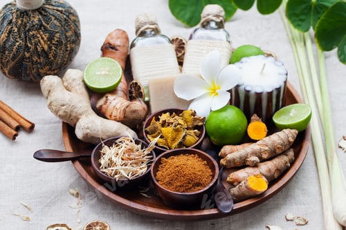 Preview: Spa, Heath Care Set of Essential Oils, Soap, Ginger, Turmeric Roots and Spices on a Wooden Tray.