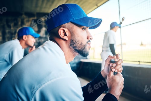Preview: Baseball player profile, stadium dugout and sport training of a athlete looking at game. Summer spo
