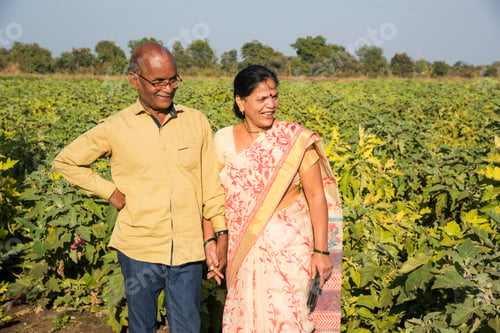 Preview: Happy Indian farmer couple at brinjal farm, enjoying nature.