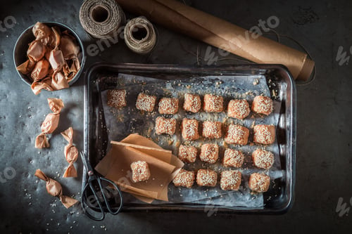 Preview: Fudge made of sesame and milk. Sweet and simple candies.
