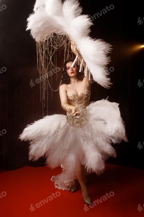 Preview: Young woman in vintage corset costume posing under chandelier on dark background