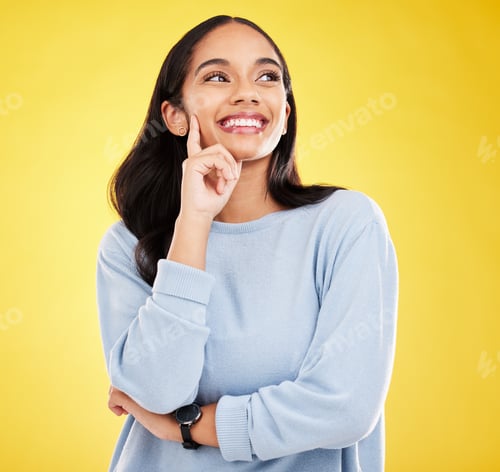 Preview: Yellow background, thinking and face of woman with smile for advertising, promotion and mockup spac