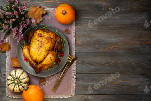Visualização: Saudações de Ação de Graças. Frango assado ou perú para jantar festivo na mesa de madeira
