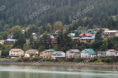 Preview: Small town, Juneau, during a cloudy morning with mountains in the background