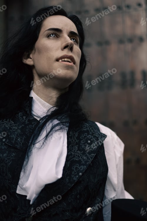 Preview: Closeup portrait of renaissance vampire with eyes closed breathing