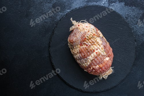 Preview: Meatloaf In Roasting Net (Tasty And Healthy Raw Meat Food) Menu Concept. Background. Top View. Copy