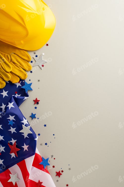 Preview: Labor Day festivity: compelling overhead vertical composition displaying American flag