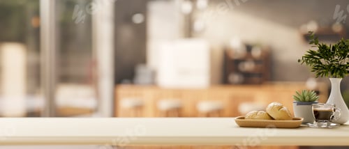 Preview: A minimalist white kitchen tabletop set in in a minimalist kitchen or coffee shop.