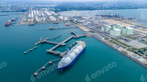 Preview: LNG (Liquified Natural Gas) tanker anchored in Gas terminal gas tanks for storage. Oil