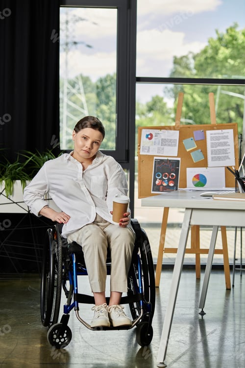 Preview: Young businesswoman in wheelchair works in modern office