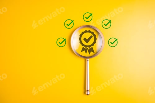 Preview: Certificate with check mark guarantee icons on wooden cubes