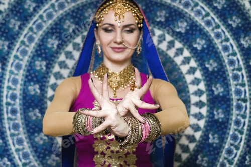 Preview: Woman In Indian Clothes Dancing Belly Dance. Young Beautiful Woman In National Costume Dancing
