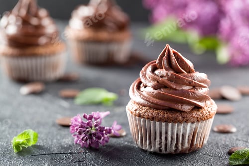 Preview: Delicious Chocolate Cupcakes with Lilac Blossoms, Food Photography