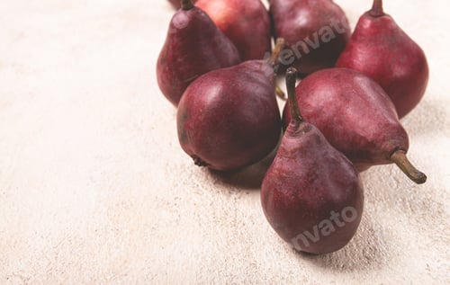 Preview: red pears scattered on the table, barletta pear, selective focus, no people,