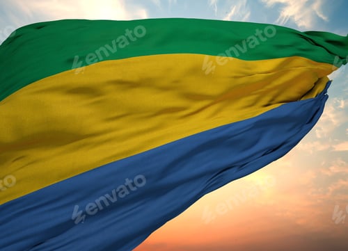 Preview: Closeup view of the waving flag of the Gabon on a background of sunset