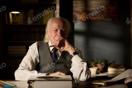 Preview: Portrait of Senior Caucasian Man Reflecting While Holding Glasses at Desk Indoors