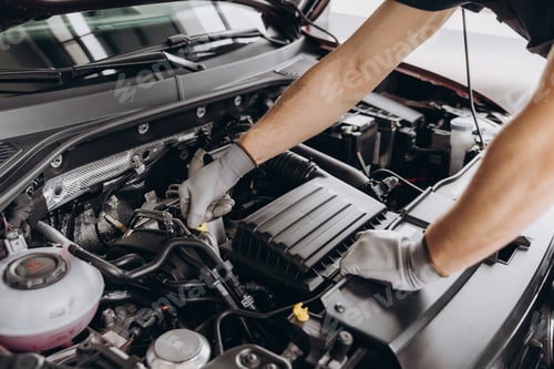 Preview: Troubleshooting process. Auto mechanic working in garage. Repair service.