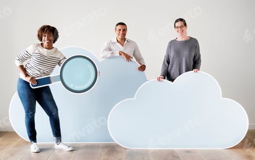 Preview: Happy people with cloud and technology icons